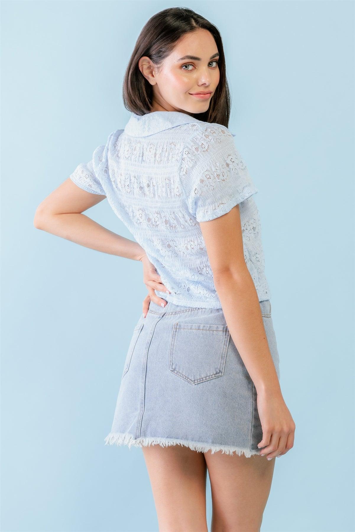 Light Blue Floral Lace Embroidered Button-Up Collared Neck Short Sleeve Top /4-1-1
