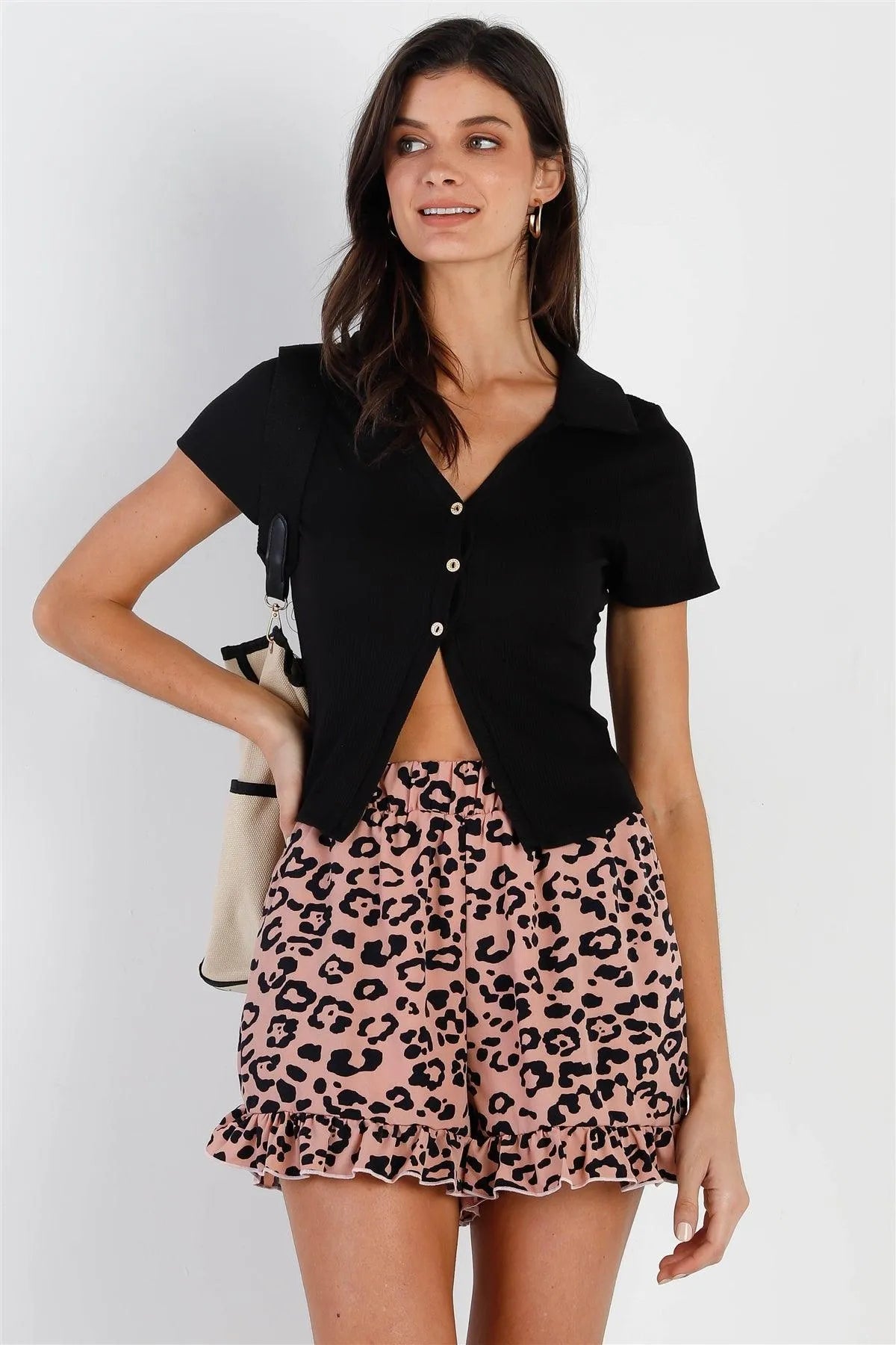 Black Ribbed Button Up Collared Crop Top /3-2-1 - Tasha Apparel Wholesale