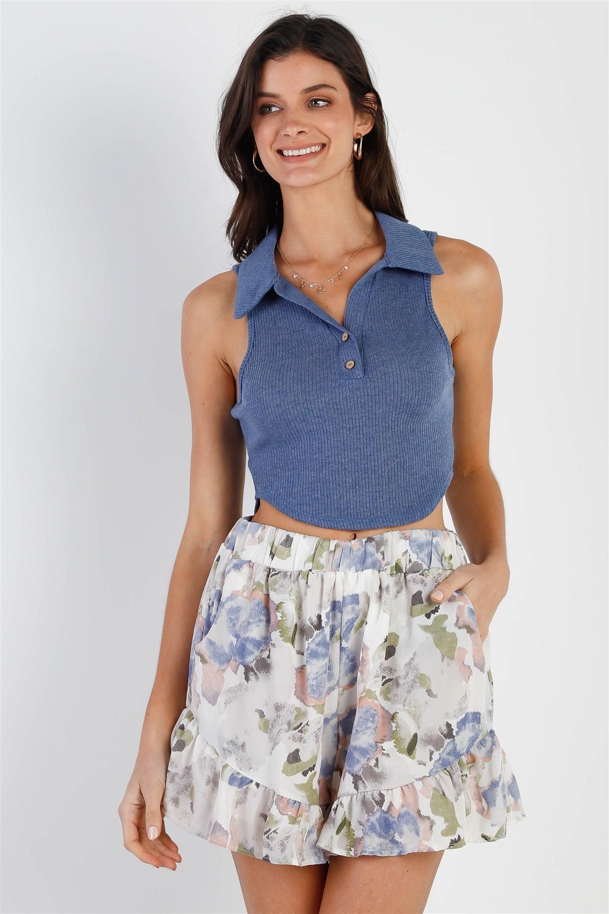 Dusty Blue Ribbed Collared Button Up Detail Sleeveless Crop Top /3-2-1