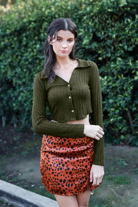 Olive Ribbed Flannel Collared V-Neck Shirt Crop Top /2-2-2 - Tasha Apparel Wholesale