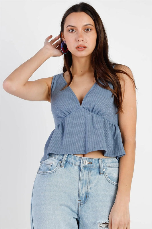 Dusty Blue Waffle Knit Ruffle Hem V-Neck Sleeveless Top /3-1-1 - Tasha Apparel Wholesale