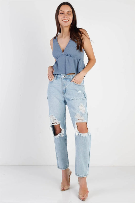 Dusty Blue Waffle Knit Ruffle Hem V-Neck Sleeveless Top /3-4 - Tasha Apparel Wholesale