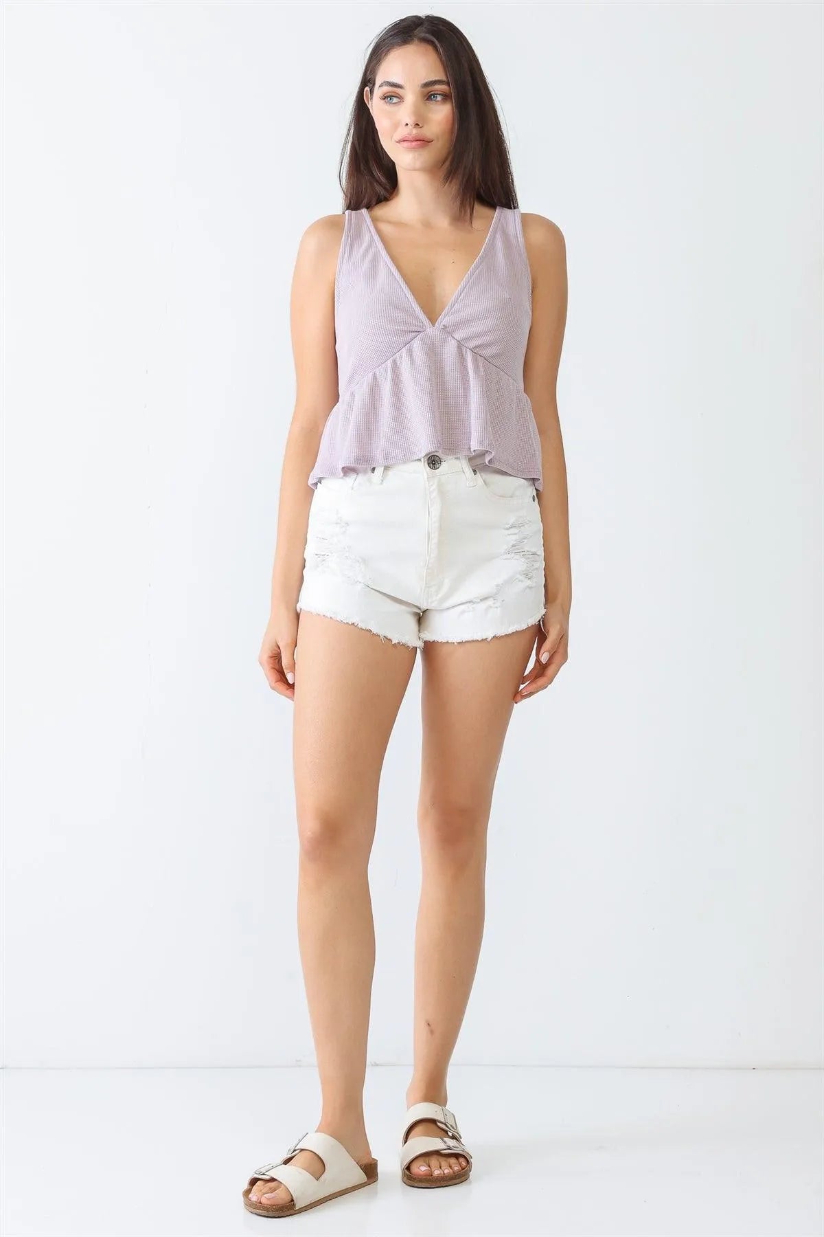 Lavender Waffle Knit Ruffle Hem V-Neck Sleeveless Top /3-2-1 - Tasha Apparel Wholesale