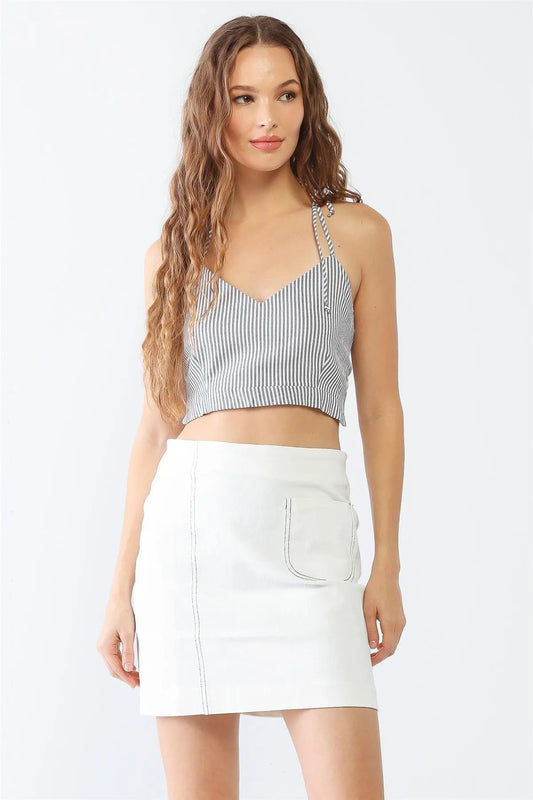 Stripe Print Sleeveless Self-Tie V-Neck Crop Top /2-1-1 - Tasha Apparel Wholesale