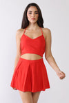 Red V-Neck Sleeveless Self-Tie Crop Top & High Waist Pleated Shorts Set /3-2-1