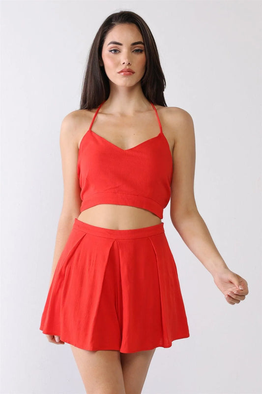 V-Neck Sleeveless Self-Tie Crop Top & High Waist Pleated Shorts Set - Tasha Apparel Wholesale