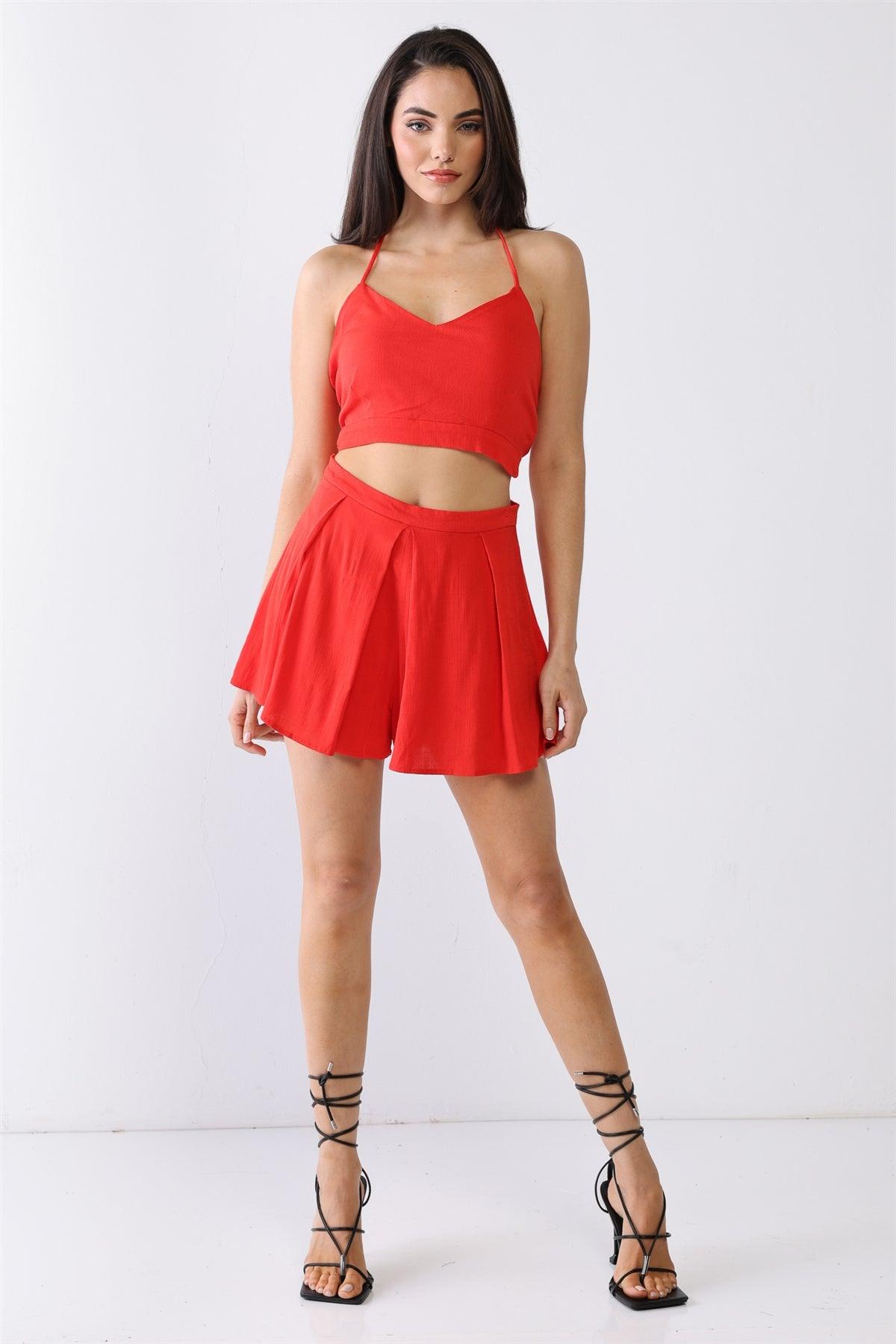 Red V-Neck Sleeveless Self-Tie Crop Top & High Waist Pleated Shorts Set /3-2-1