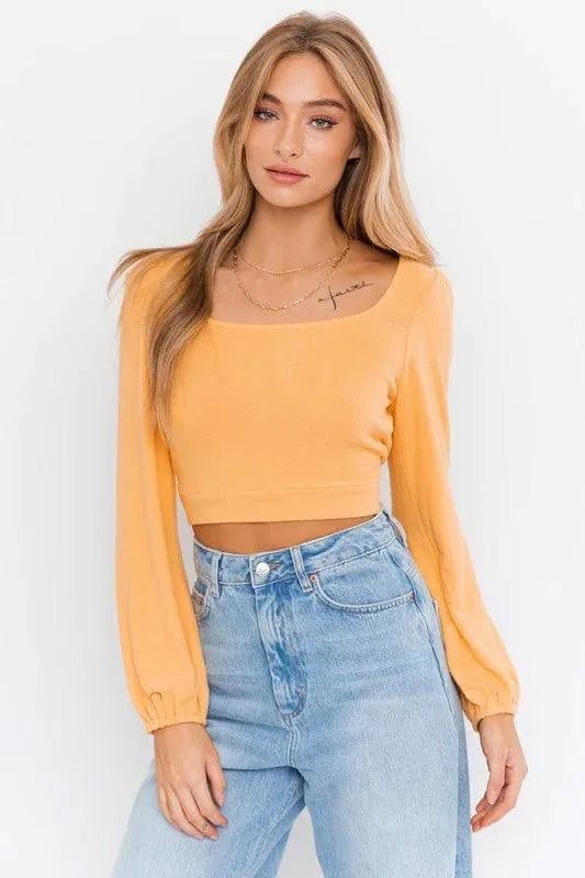 Dusty Yellow Long Sleeves Open Back Tie Crop Top /2-2-1 - Tasha Apparel Wholesale