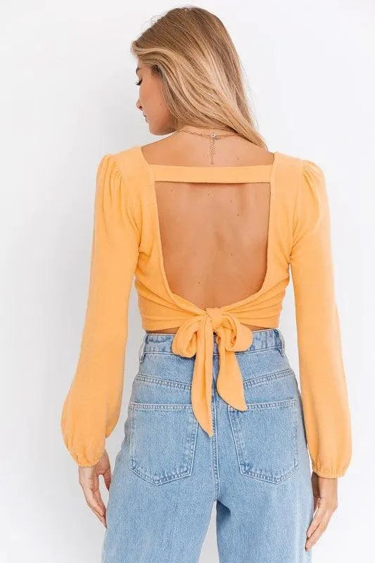Dusty Yellow Long Sleeves Open Back Tie Crop Top /3-2-1 - Tasha Apparel Wholesale