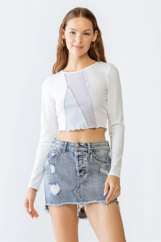 Ivory Light Blue Lavender Ribbed Stitch Detail Crew Neck Crop Top S-M-L/3-2-1 - Tasha Apparel Wholesale
