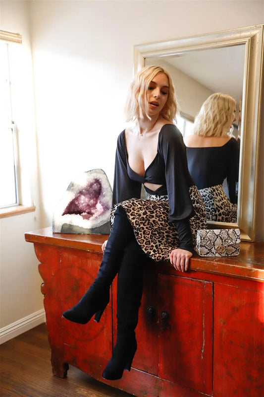 Black Front Double Twist Cut-Out Details Leg-Of-Mutton Long Sleeve Bodysuit /2-2-1 - Tasha Apparel Wholesale
