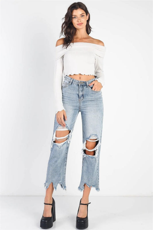 Bone Flannel Off-The-Shoulder Lettuce Edge Collared Top /3-2-1 - Tasha Apparel Wholesale