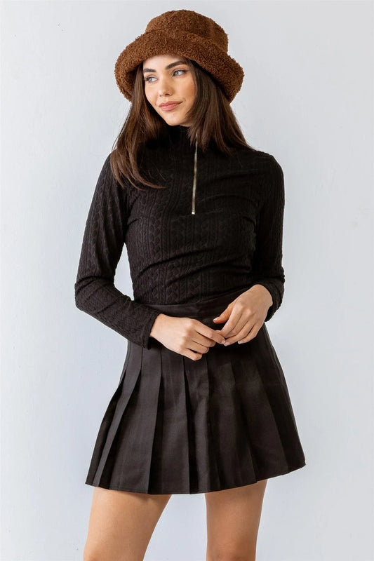 Black Cable Print Zip-Up Mock Neck Long Sleeve Bodysuit /1-2-2-1 - Tasha Apparel Wholesale