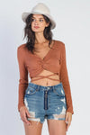 Brick Ribbed Flannel Front Twist Detail Wrap Around Crop Top /3-2-1 - Tasha Apparel Wholesale