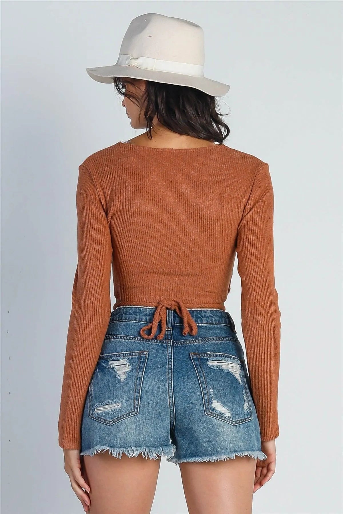 Brick Ribbed Flannel Front Twist Detail Wrap Around Crop Top /3-2-1 - Tasha Apparel Wholesale