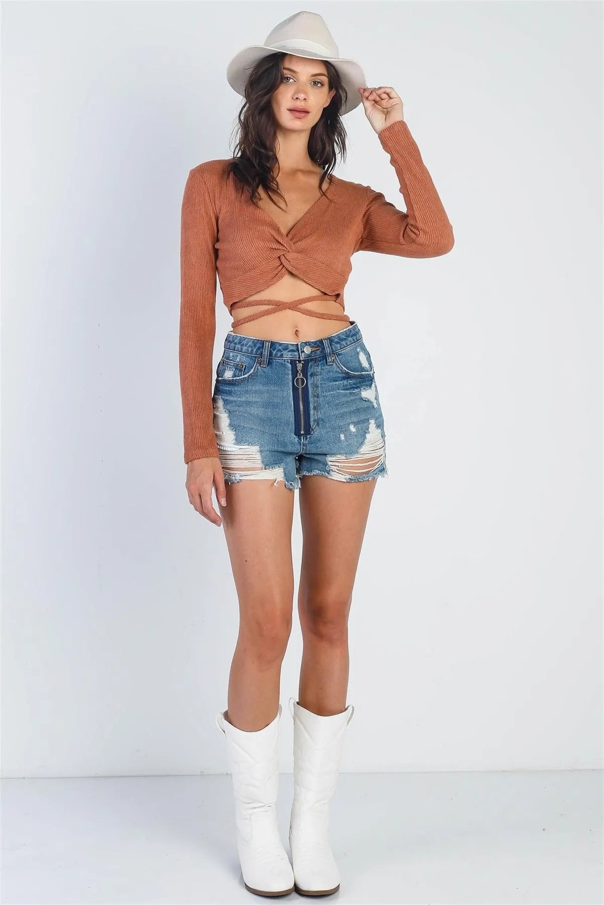 Brick Ribbed Flannel Front Twist Detail Wrap Around Crop Top /3-2-1 - Tasha Apparel Wholesale