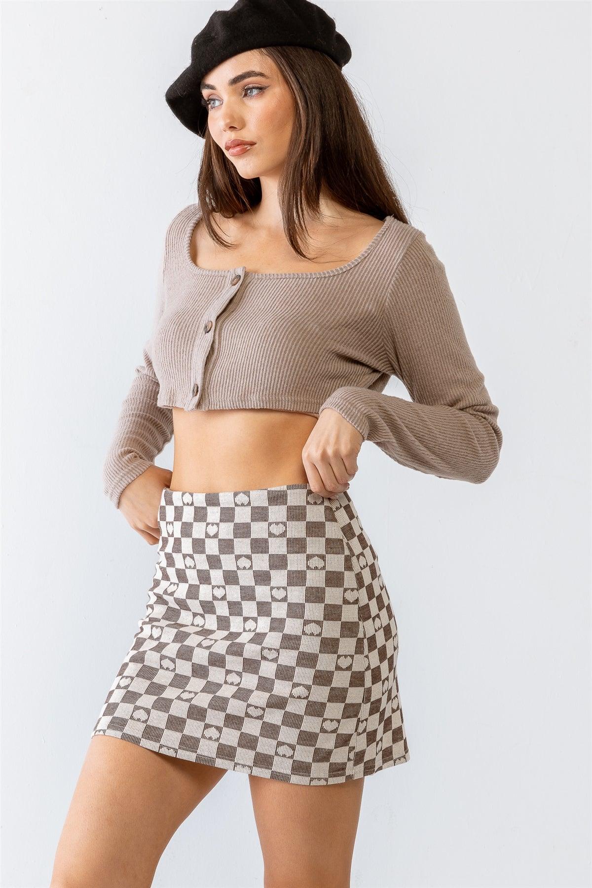 Mocha Ribbed Button-Up Long Sleeve Crop Top /3-2-1