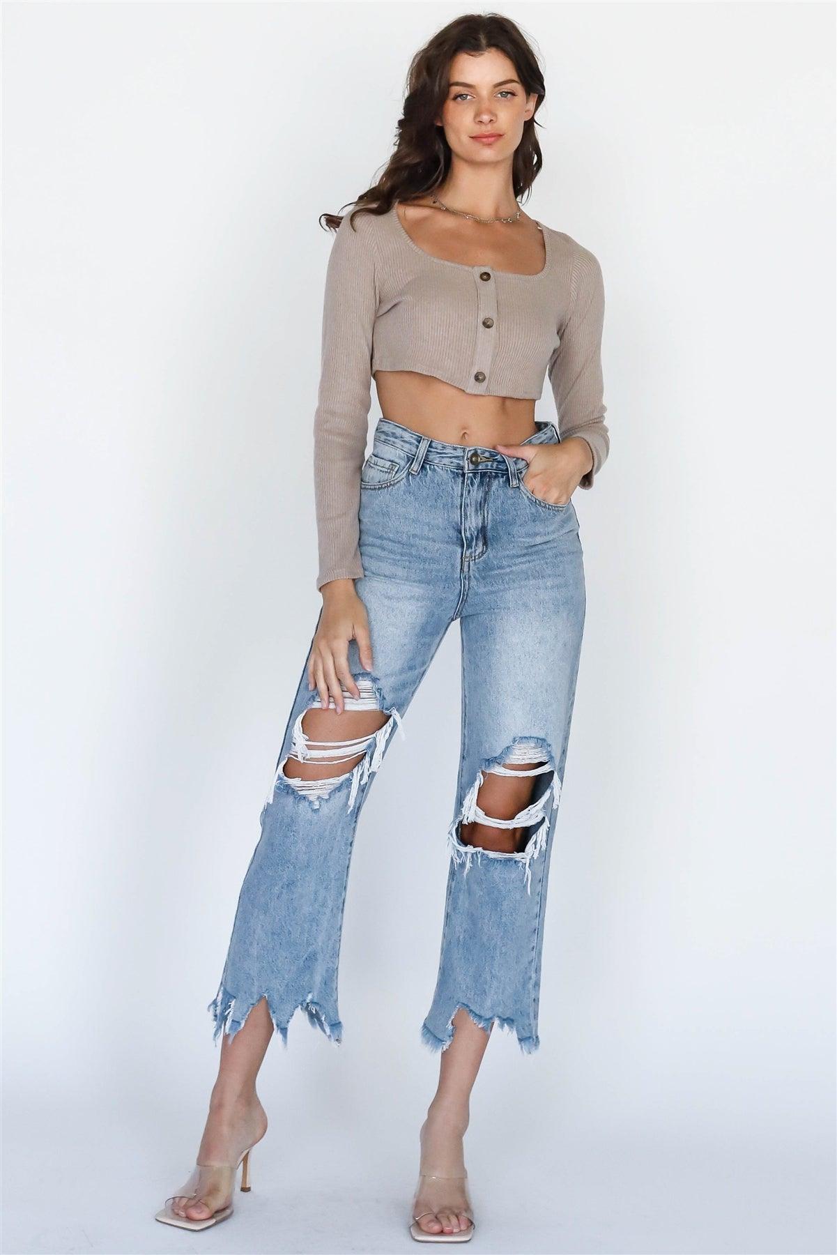Mocha Ribbed Button-Up Long Sleeve Crop Top /3-2-1