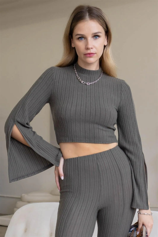 Olive Ribbed Long Sleeve Crop Top /3-2-1 - Tasha Apparel Wholesale