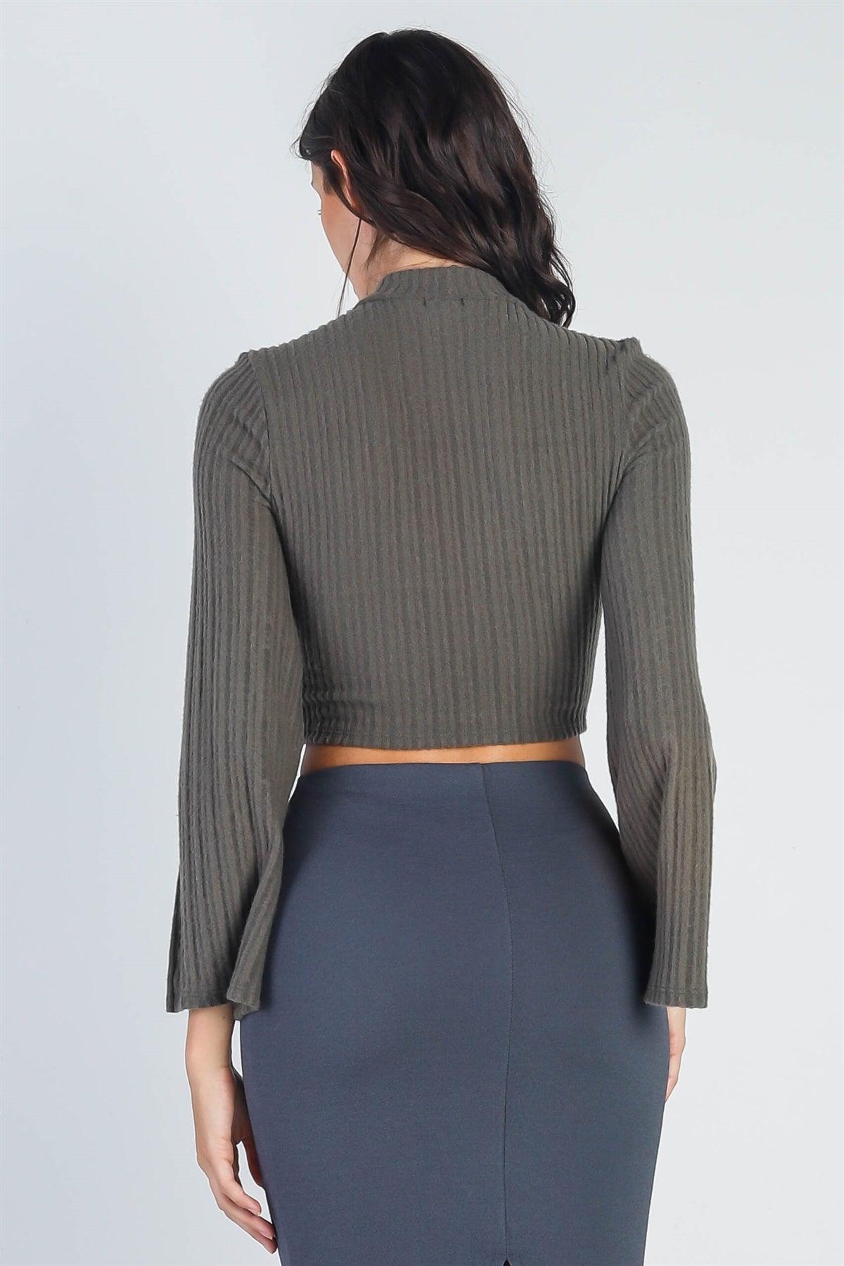 Olive Ribbed Long Sleeve Crop Top /3-2-1