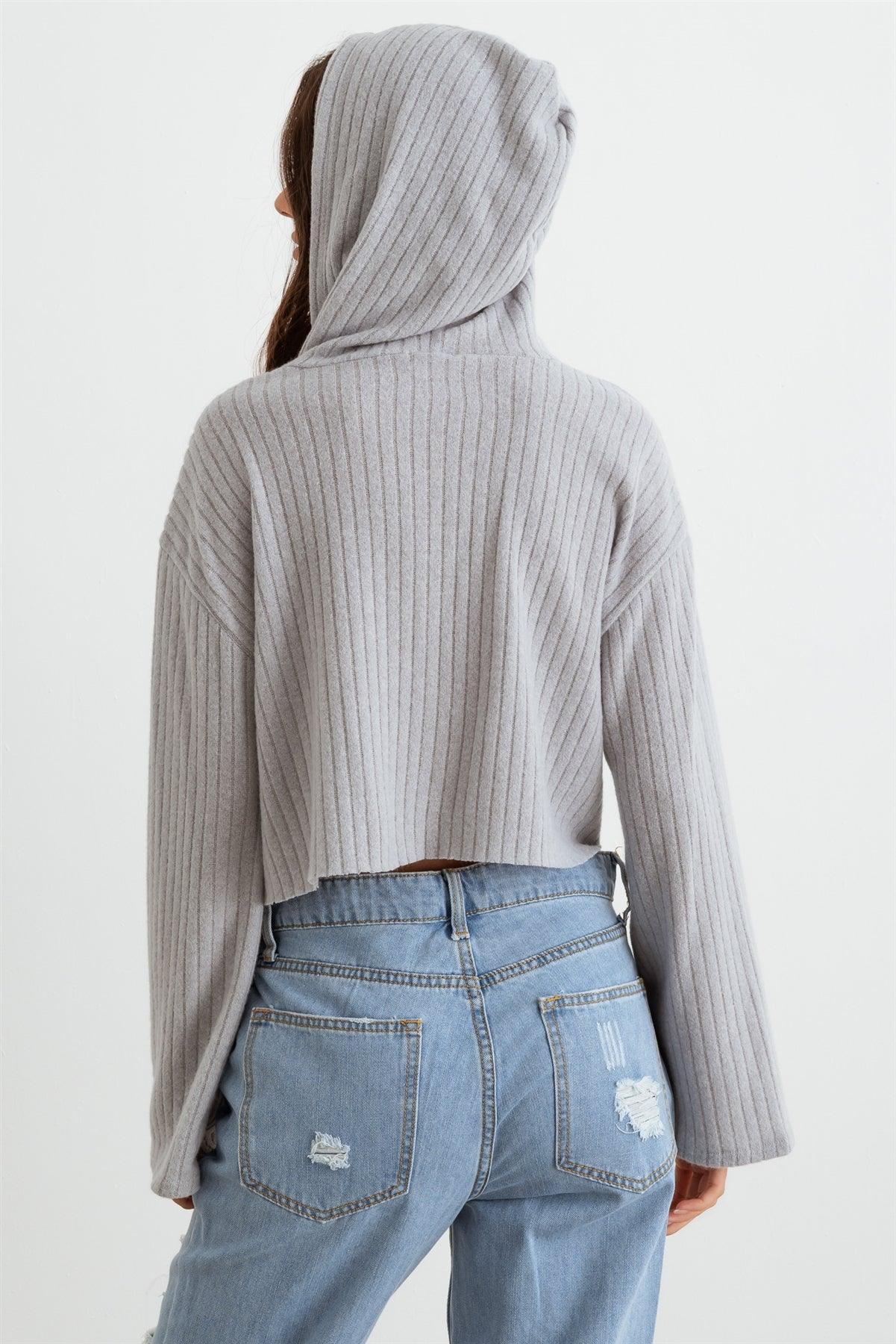 Light Gray Ribbed Bell Long Sleeve Hooded Crop Top /3-2-1