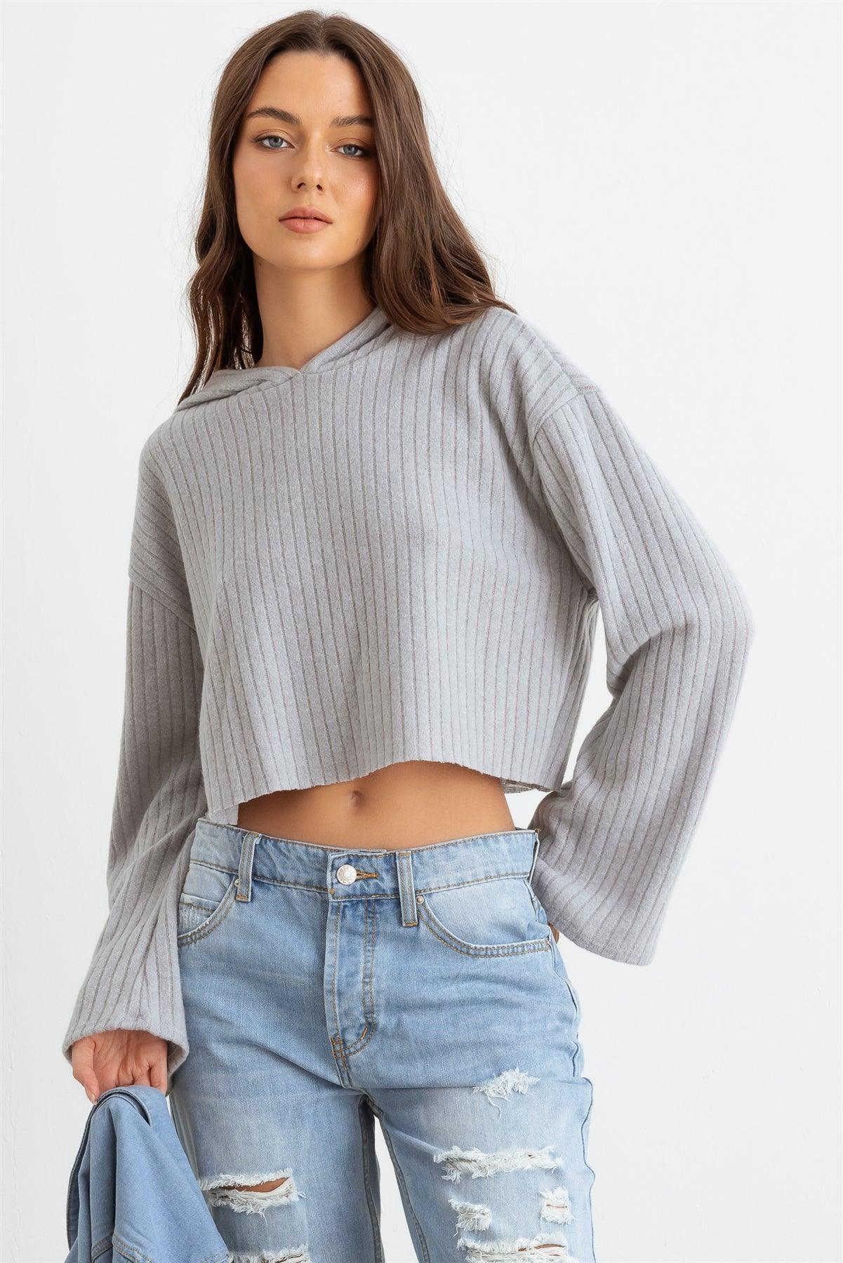Light Gray Ribbed Bell Long Sleeve Hooded Crop Top /3-2-1