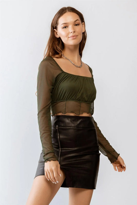 Olive Mesh Stitch Detail Long Sleeve Crop Top /3-2-1 - Tasha Apparel Wholesale