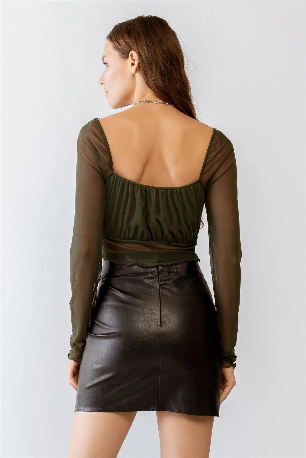 Olive Mesh Stitch Detail Long Sleeve Crop Top /3-2-1 - Tasha Apparel Wholesale