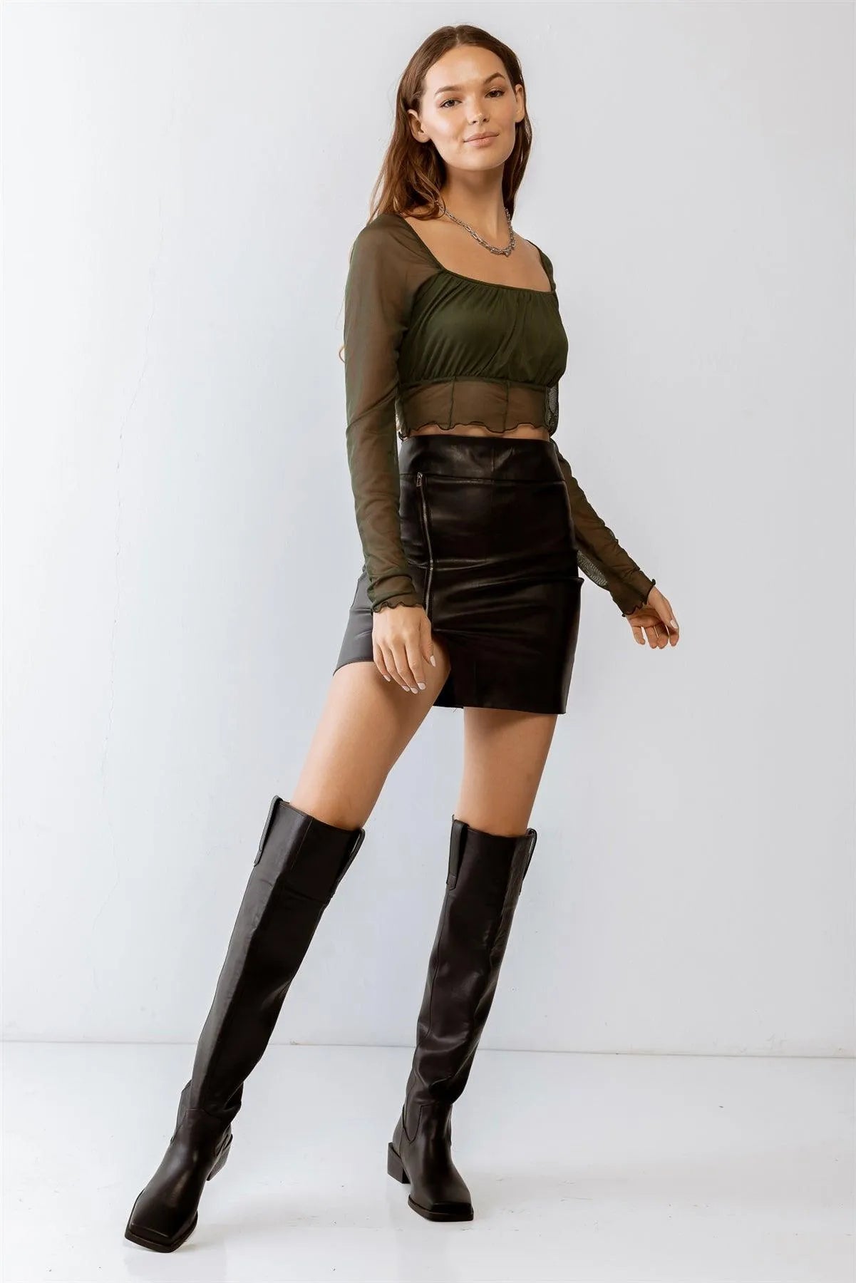 Olive Mesh Stitch Detail Long Sleeve Crop Top /3-2-1 - Tasha Apparel Wholesale