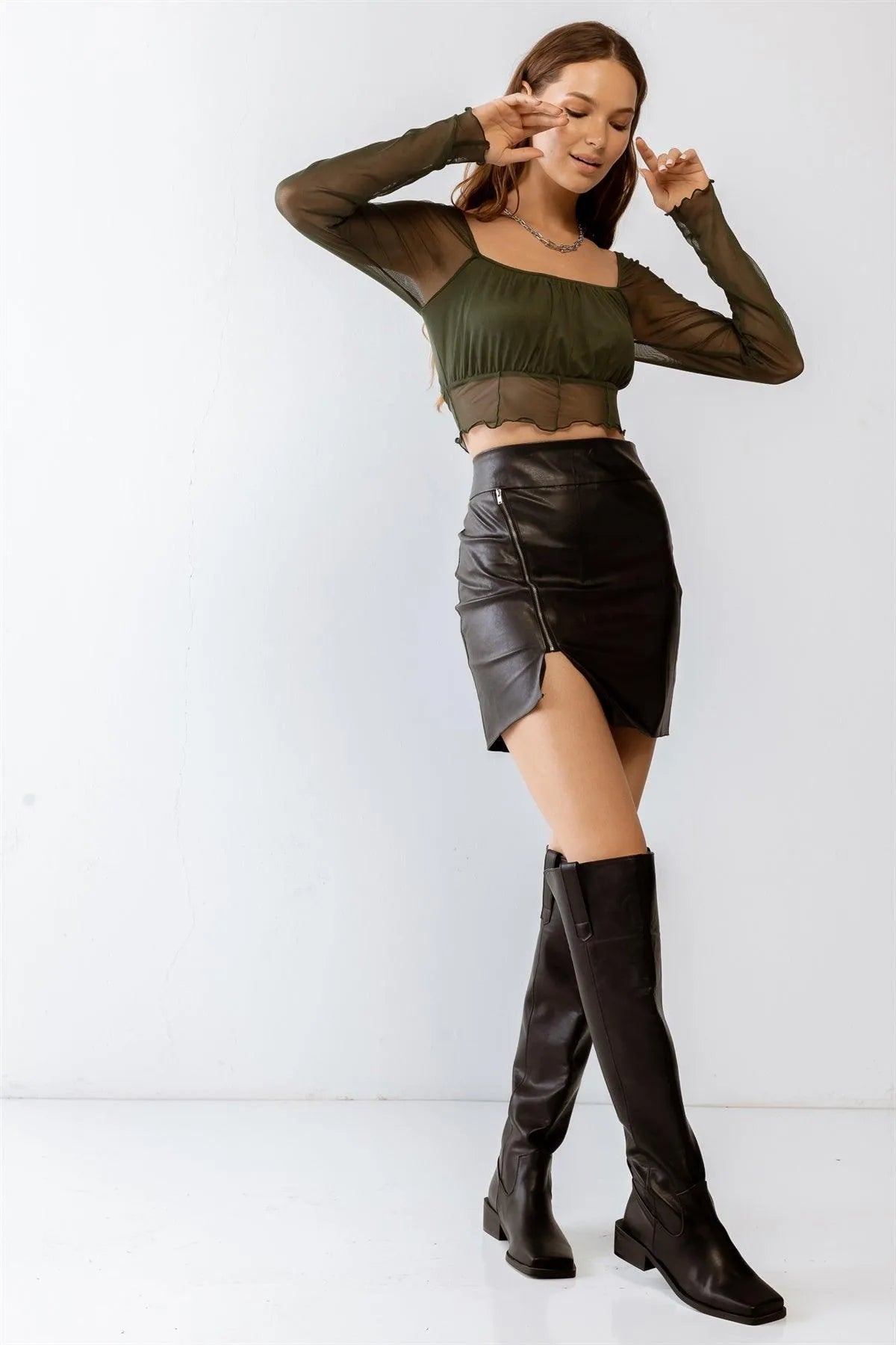 Olive Mesh Stitch Detail Long Sleeve Crop Top /3-2-1 - Tasha Apparel Wholesale