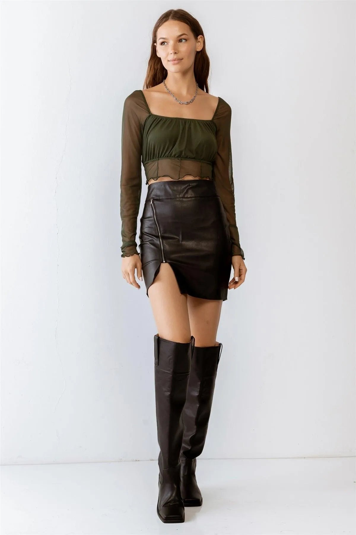 Olive Mesh Stitch Detail Long Sleeve Crop Top /3-2-1 - Tasha Apparel Wholesale