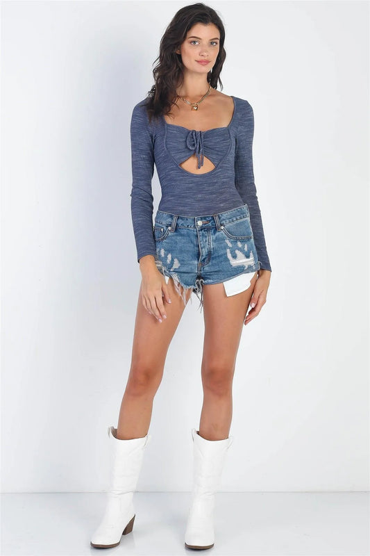 Navy & White Bustier Ruched Cut-Out Long Sleeve Bodysuit /2-2-1 - Tasha Apparel Wholesale