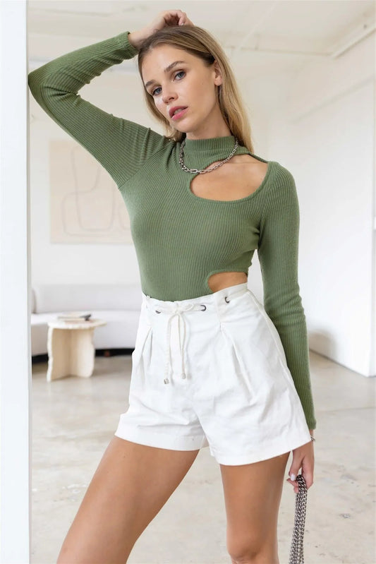Olive Ribbed Mock Neck Cut-Out Long Sleeve Bodysuit /3-2-1 - Tasha Apparel Wholesale