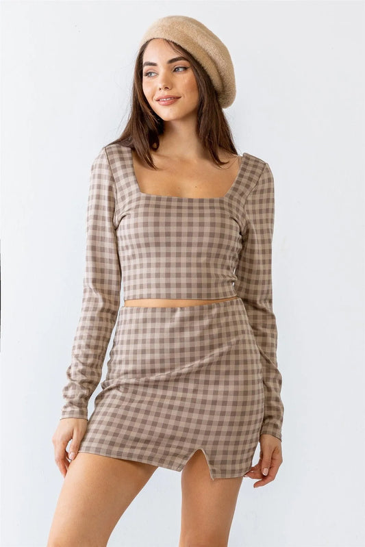 Plaid Print Square Neck Crop Top & High Waist Mini Skirt Set - Tasha Apparel Wholesale