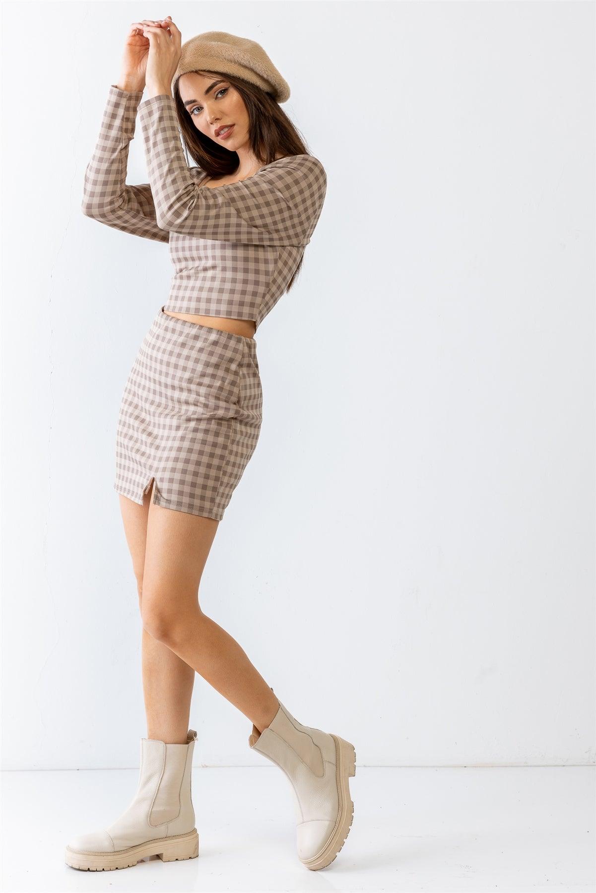 Taupe & Mocha Plaid Print Square Neck Crop Top & High Waist Mini Skirt Set /1-2-2-1