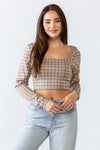 Taupe & Mocha Plaid Print Square Neck Long Sleeve Crop Top /1-2-2-1