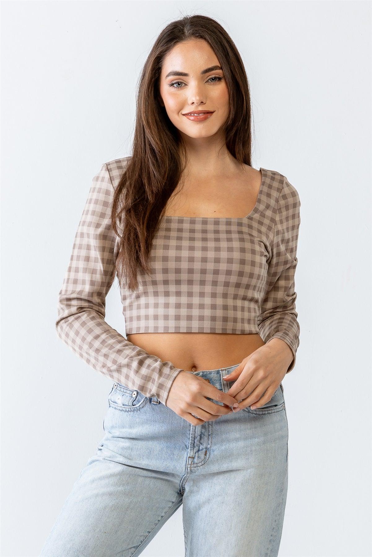 Taupe & Mocha Plaid Print Square Neck Long Sleeve Crop Top /1-2-2-1