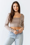 Plaid Print Square Neck Long Sleeve Crop Top - Tasha Apparel Wholesale