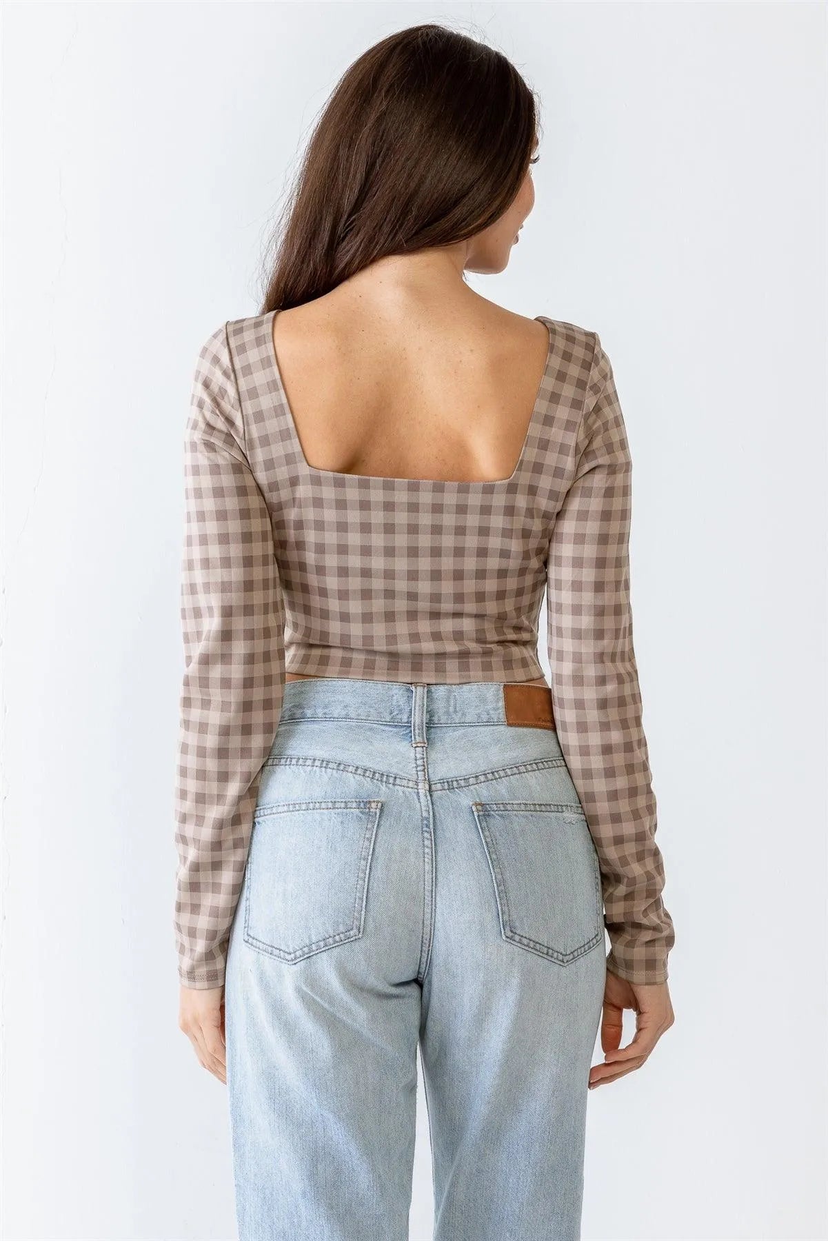 Plaid Print Square Neck Long Sleeve Crop Top - Tasha Apparel Wholesale