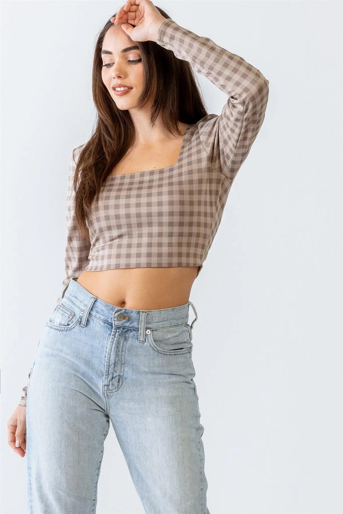 Plaid Print Square Neck Long Sleeve Crop Top - Tasha Apparel Wholesale
