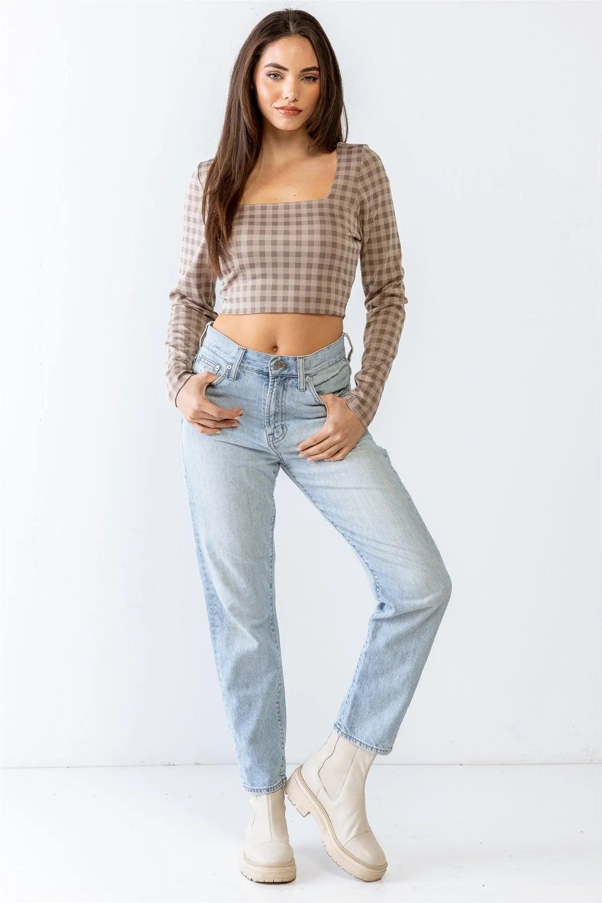 Plaid Print Square Neck Long Sleeve Crop Top - Tasha Apparel Wholesale