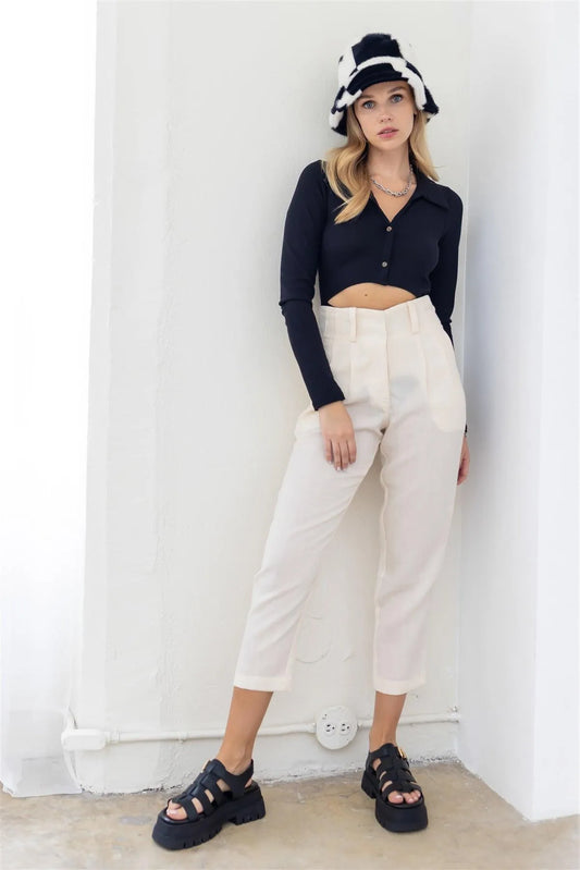 Black Waffle Knit Cut-Out Button-Up Collared V-Neck Long Sleeve Bodysuit /3-2-1 - Tasha Apparel Wholesale