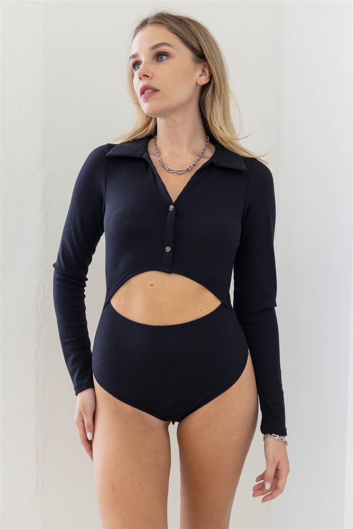 Black Waffle Knit Cut-Out Button-Up Collared V-Neck Long Sleeve Bodysuit /3-2-1