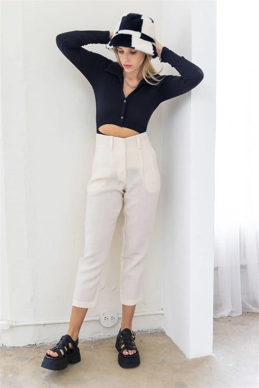 Black Waffle Knit Cut-Out Button-Up Collared V-Neck Long Sleeve Bodysuit /3-3-1 - Tasha Apparel Wholesale
