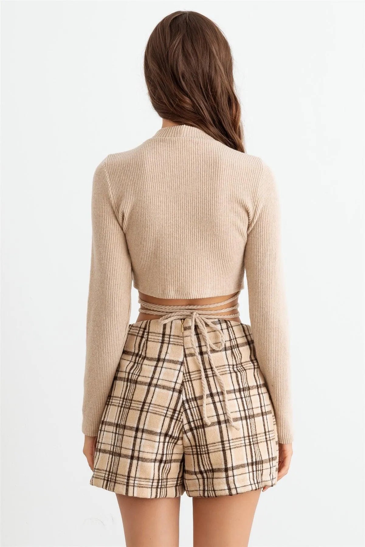 Ribbed Cut-Out Back Tie Around Hem Crop Top - Tasha Apparel Wholesale