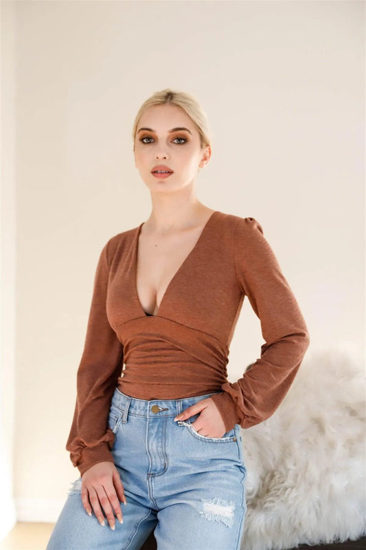 Brick Ruched V-Neck Back Self-Tie Detail Bodysuit /3-2-1 - Tasha Apparel Wholesale