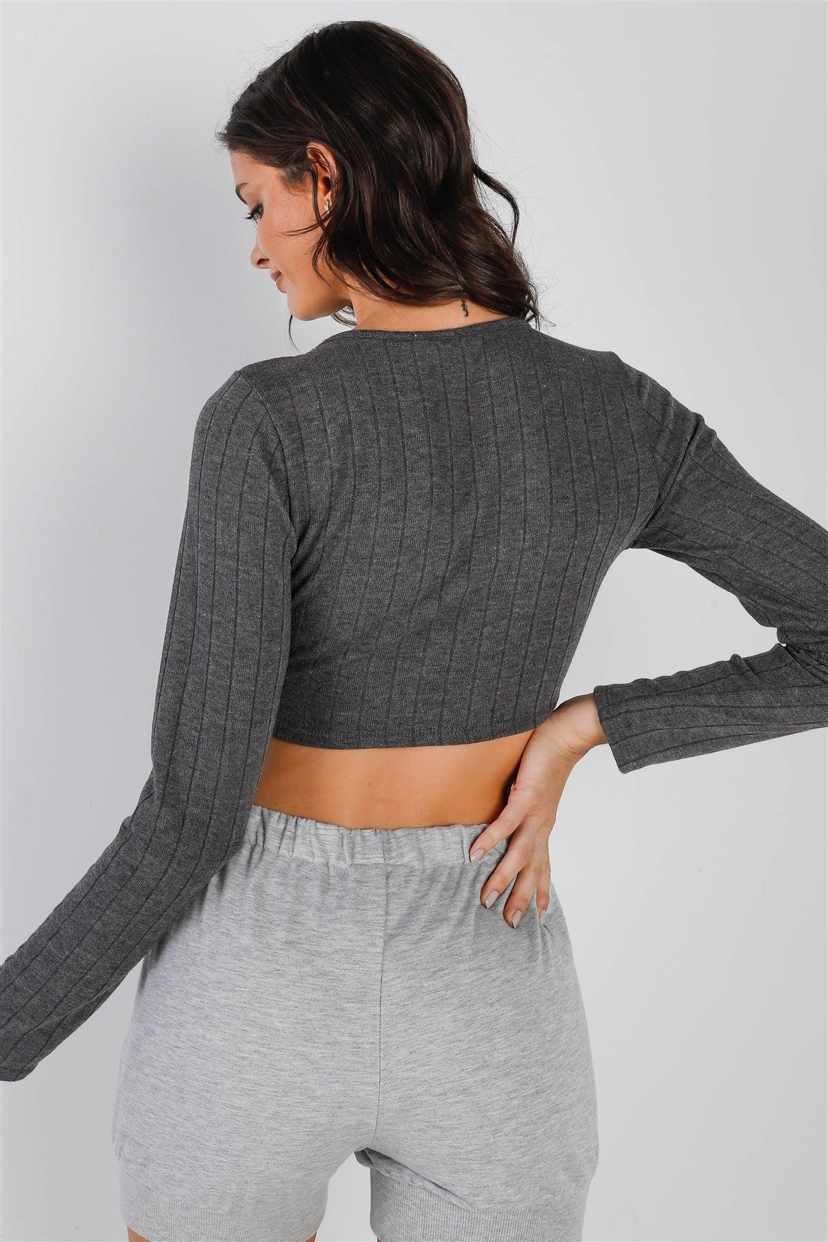 Charcoal Bow Detail V-Neck Long Sleeve Top /3-2-1