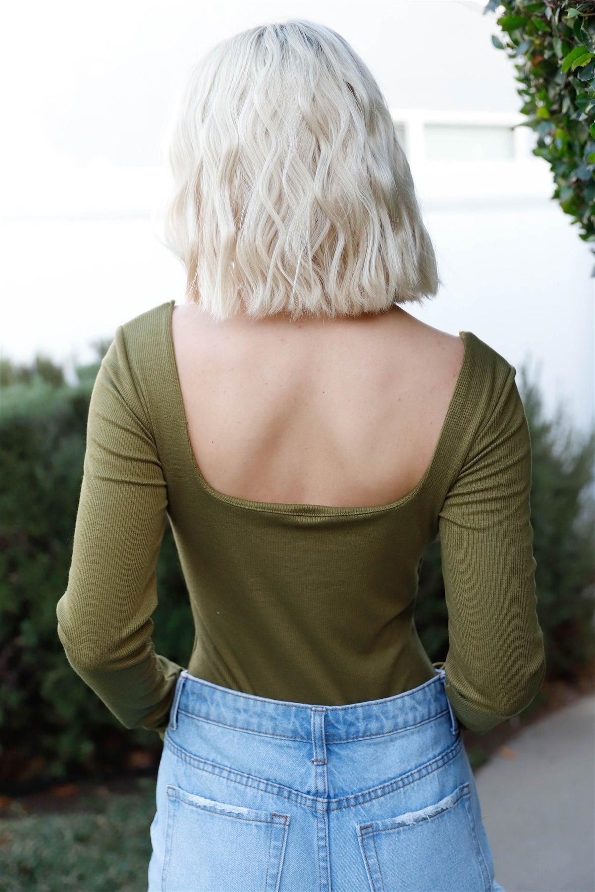 Olive Ribbed Square Neck Cut-Out Detail Long Sleeve Bodysuit /3-2-1