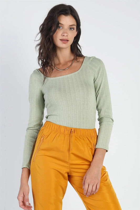 Sage Ribbed Square Neck Long Sleeve Bodysuit /3-2-1 - Tasha Apparel Wholesale