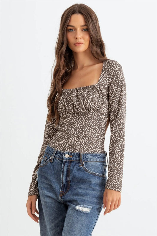 Mocha & White Floral Ribbed Long Sleeve Cut-Out Back Bodysuit /3-2 - Tasha Apparel Wholesale